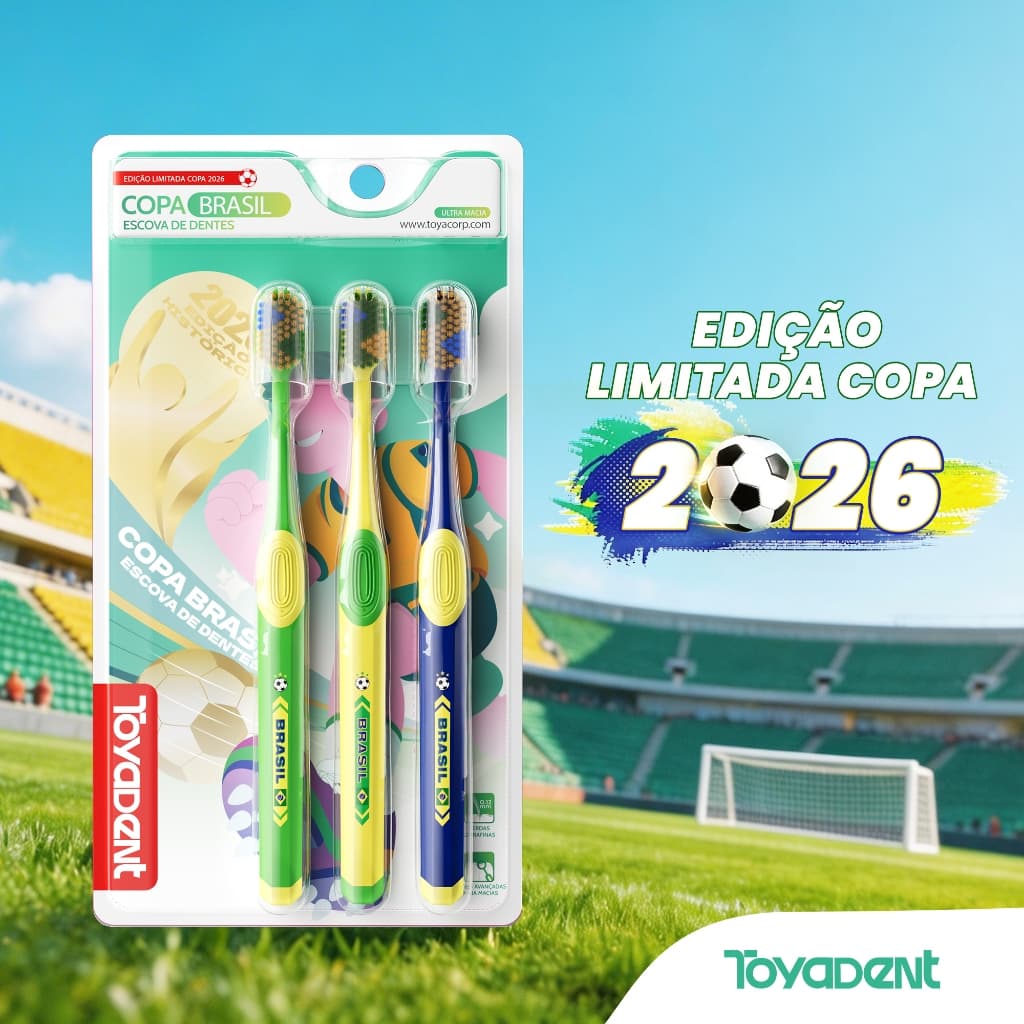 TOYDENT Brasil Cup 2026 Escova de dentes limitada Pacote de 3 unidades | Bandeira Nacional Tricolor 0.12mm Alça Antiderr