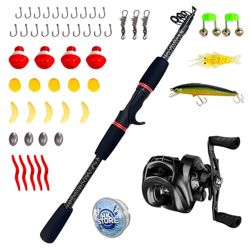 Vara De Pesca 2.4 m , 40 % Fibra De Carbono Com Carretel De metal (7.2 : 1) + 10 Iscas Artificiais