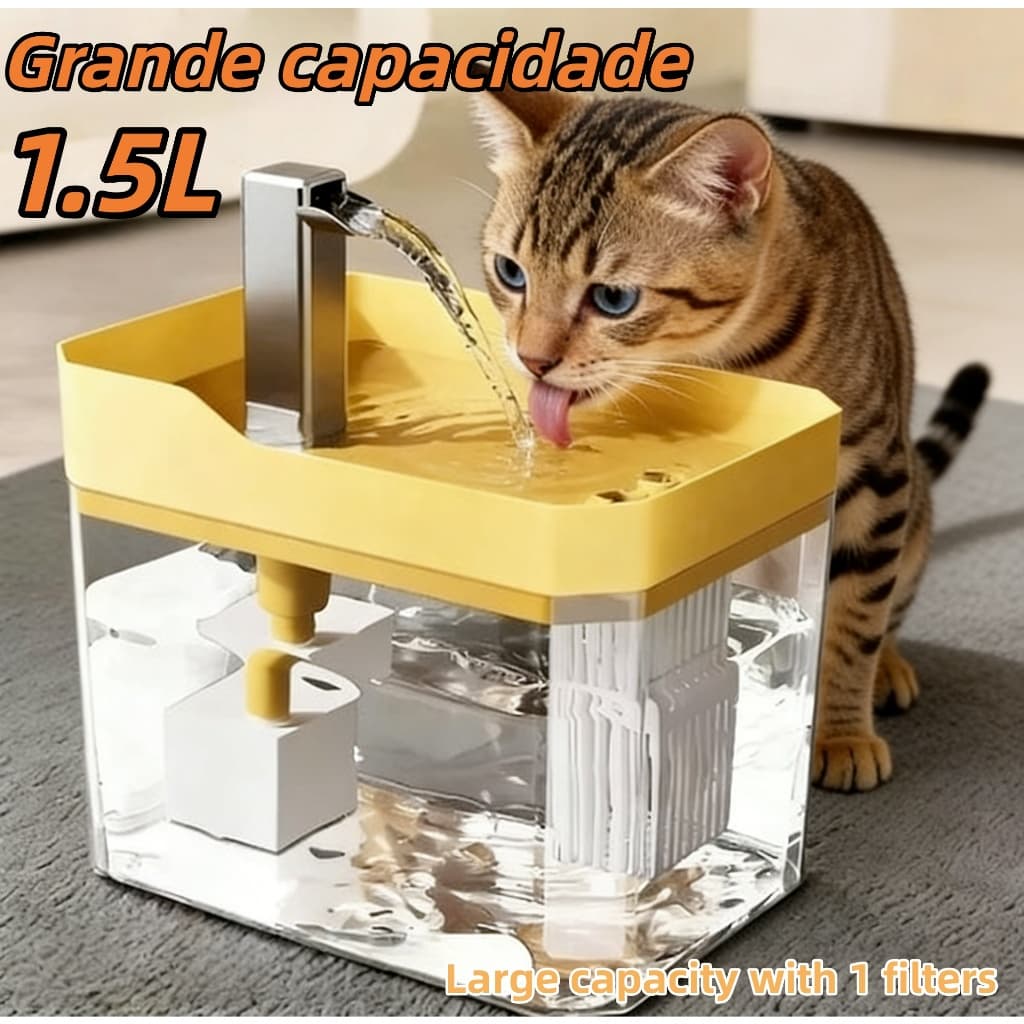 1.5L Fonte de Agua para Gatos Bebedouro Automático Regulável Plástico Bivolt Pet com purificador de água com filtro
