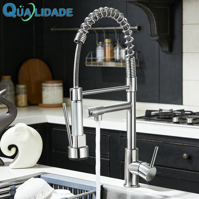 Torneira De Cozinha Gourmet Alça Única Com Extensor De Spray Tubo De Água Flexível Superior Prateado Para Ajuste