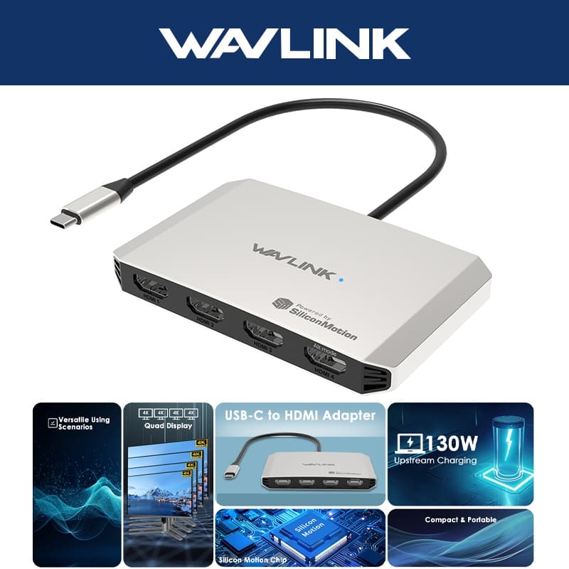 Adaptador WAVLINK 4K 60Hz/144Hz USB-C Para Quad HDMI Com PD De 130W Macbook Neo , Windows , macOS , Chrome OS , Linux ,