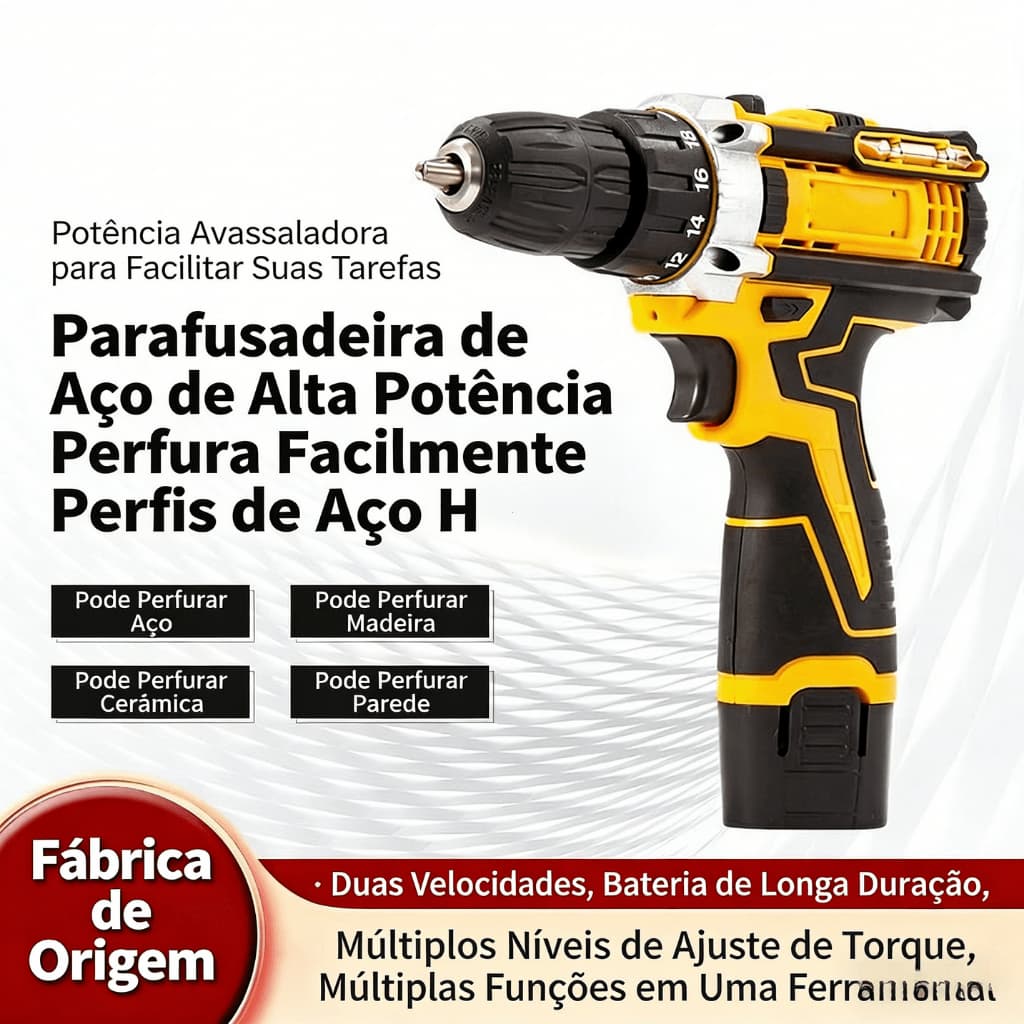 Furadeira Elétrica Brocas Profissional Amarela 21v - Mandril 10mm - Para Furadeira