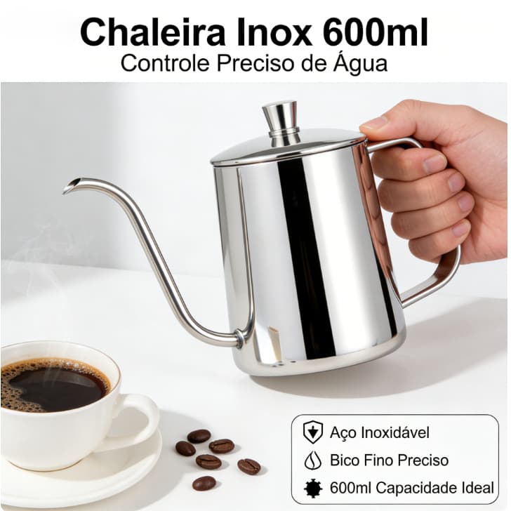 Bule Inox Bico Fino 600ml | Chaleira Profissional para Café, Leiteira Aço Inoxidáve
