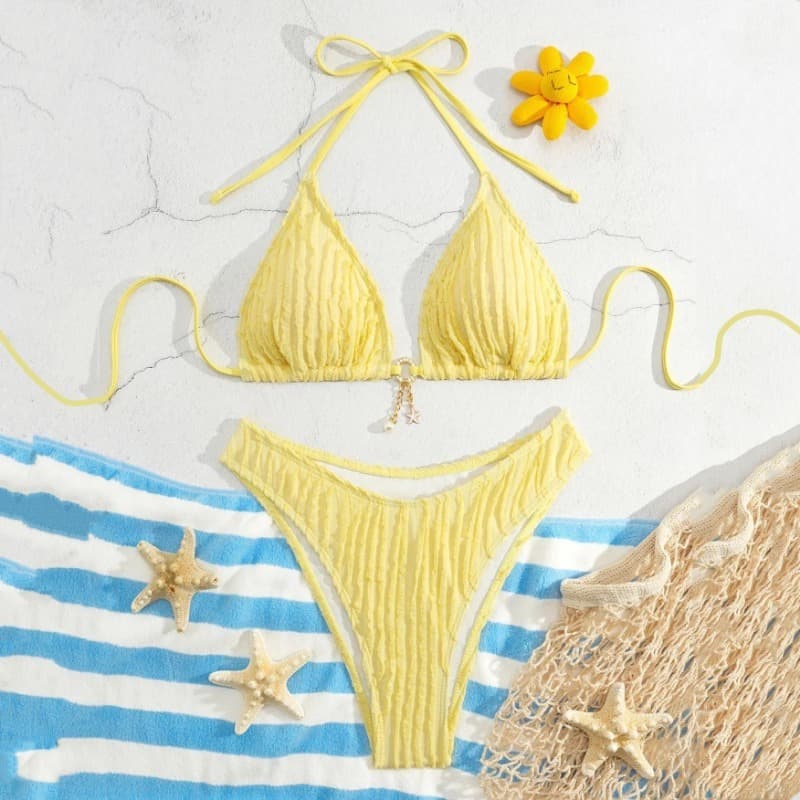 Biquíni Feminino Com Alça De Cor Sólida E Decoração