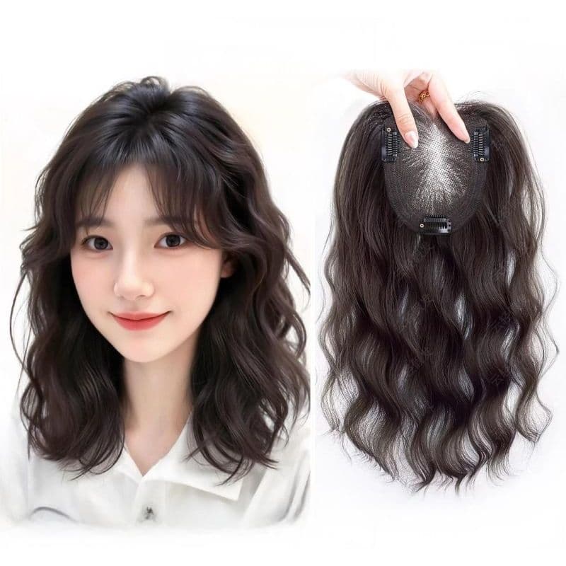 Artigo decorativo de Cabelo Base Sem Costura 10×11cm, Ondulado 20% Cabelo Humano, Clipe, Preto/Marrom 45cm