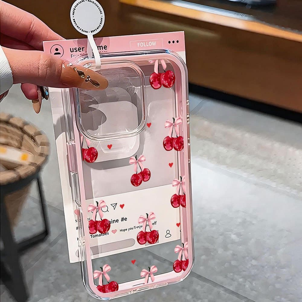 Capa 3 Em 1 Com Cereja Capinha Para iPhone 17 Air 16 15 14 13 12 11 Pro Max Plus Normal Transparente Anti-Impacto HA301