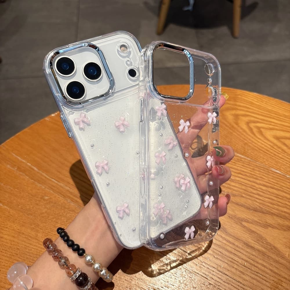Rosa Bowknots Caso De Telefone Para iPhone 17 Ar 16 15 14 Plus 11 12 13 Pro Max Bling Pó Capa Clara