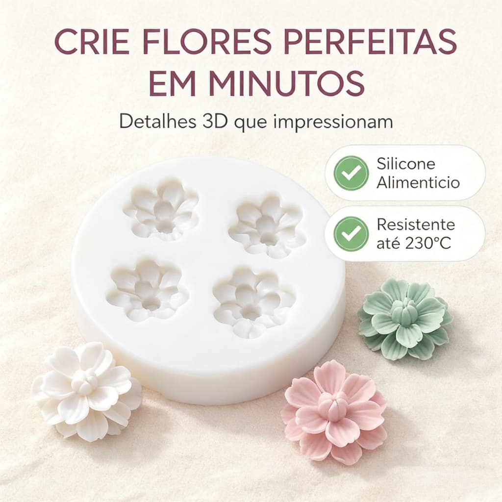 Molde Silicone Flor de Cereja, 4 Cavidades com Pétalas Duplas, Formas para Chocolate, Gelatina e Gelo, Kit Confeitaria e