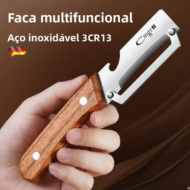 Descascador Multifuncional de Cozinha com Cabo de Madeira Sólida, Ferramenta de Descascar para Descascar Pepinos e Abóbo