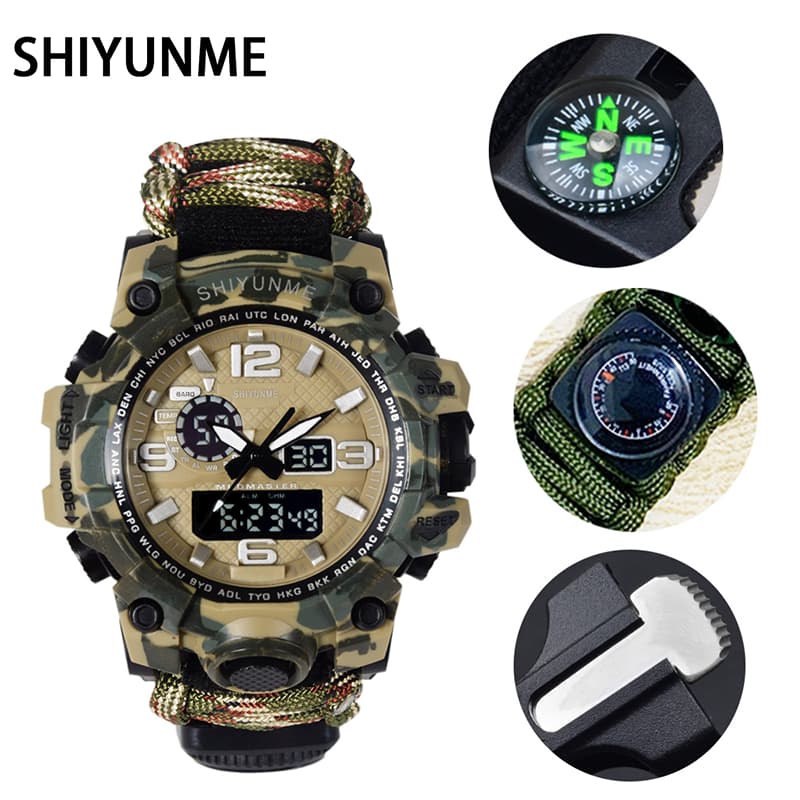 SHIYUNME Relógio De Sobrevivência Ao Ar Livre Multifuncional À Prova Dwaterproof Água Militar Tático Paracord Pulseira G
