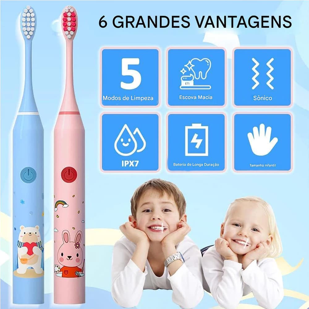 Escova De Dentes Elétrica Infantil De Cerdas Macias Com Bateria Recarregável E 4 Cabeças De Vibratórias