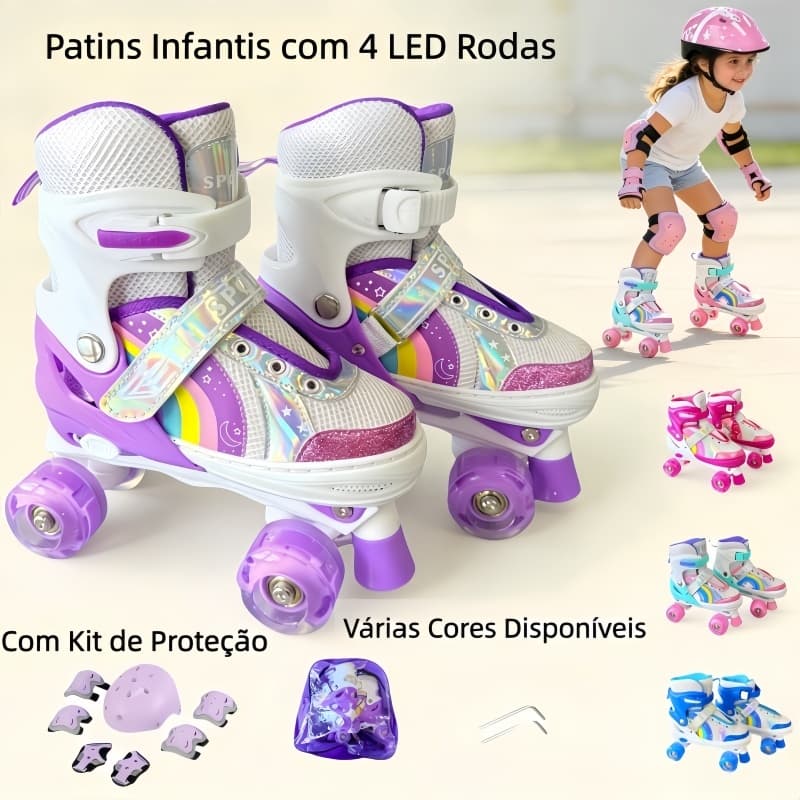 Patins Infantis com 4 Led Rodas Kit Proteção Tamanho ajustável com velcro Presentes para crianças