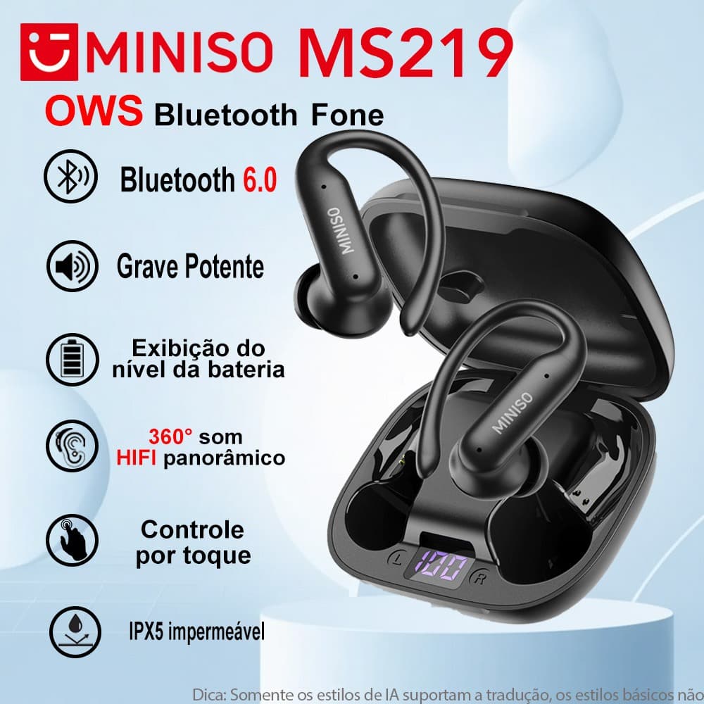 MINISO MS219 OWS Fone De Ouvido Bluetooth 6.0 Sem Fio Conectividade Com Dois Dispositivos Grave Potente Microfone