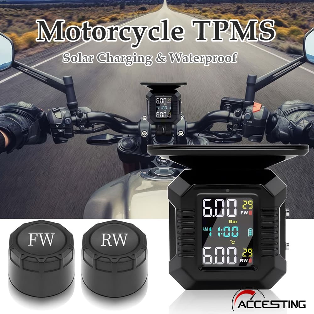 TPMS para Motocicleta, Monitor de Pressão de Pneus com 2 Sensores Externos, Display LCD Digital