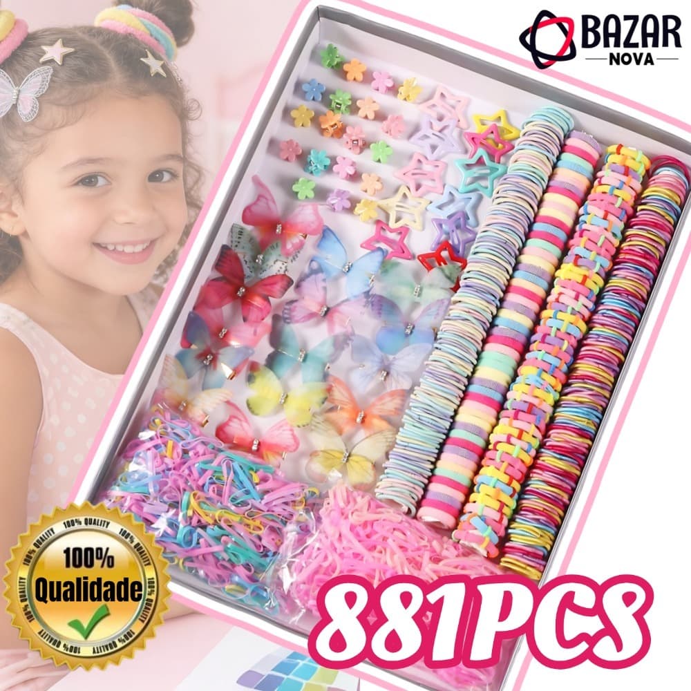 Super Kit 881 Peças Acessórios de Cabelo Infantil para Menina Elásticos e Presilhas Coloridas Presente Festa Aniversário