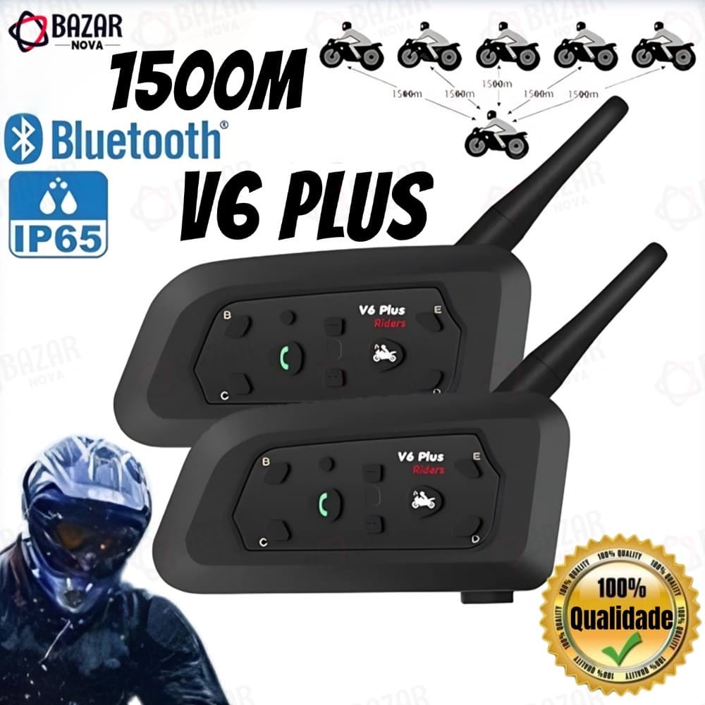 Kit 2 Intercomunicador Capacete De Moto Bluetooth Com Fone e Microfone V6 Plus 1500M à prova d'água