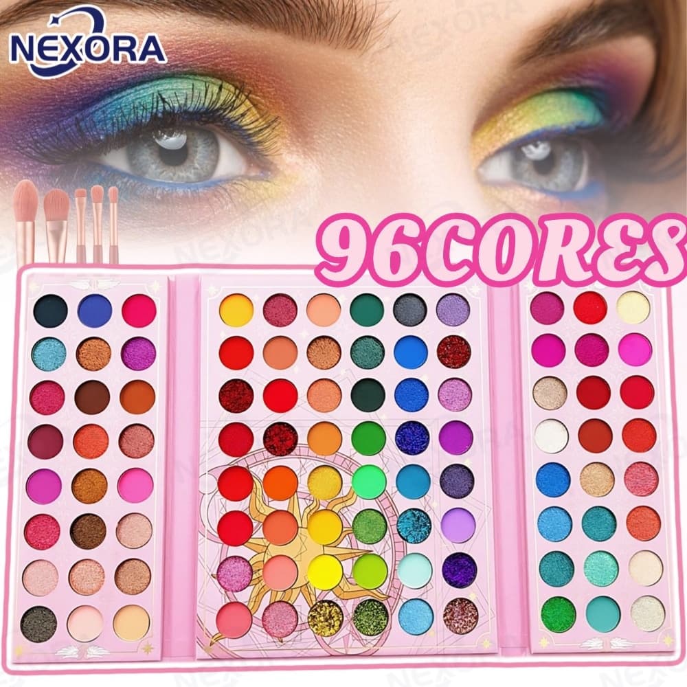 Paleta de Sombra de Olho 96 Cores, Perolada, Fosca e Glitter, Longa Duração, Validade Até 2031