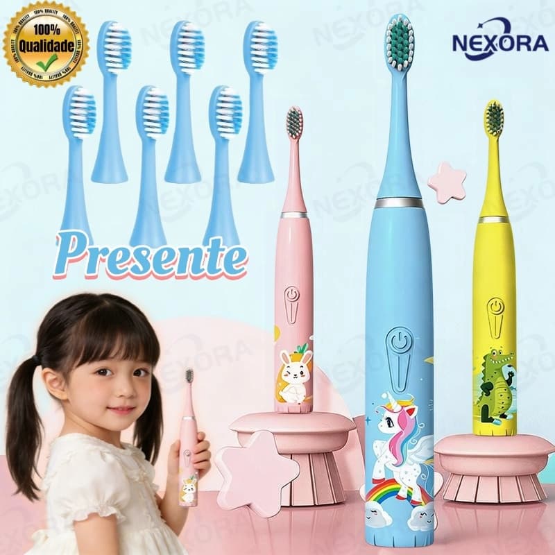 Escova Dental Elétrica Ultrassônica para Crianças, Design Fofo, Cerdas Macias, Limpeza Dupla Face, Cuidado Completo