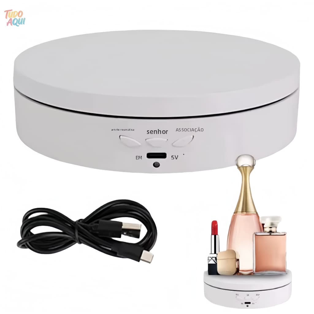 Suporte Expositor Giratório | USB Recarregável Para Vitrine Foto E Decoração Preto Branco TUDO