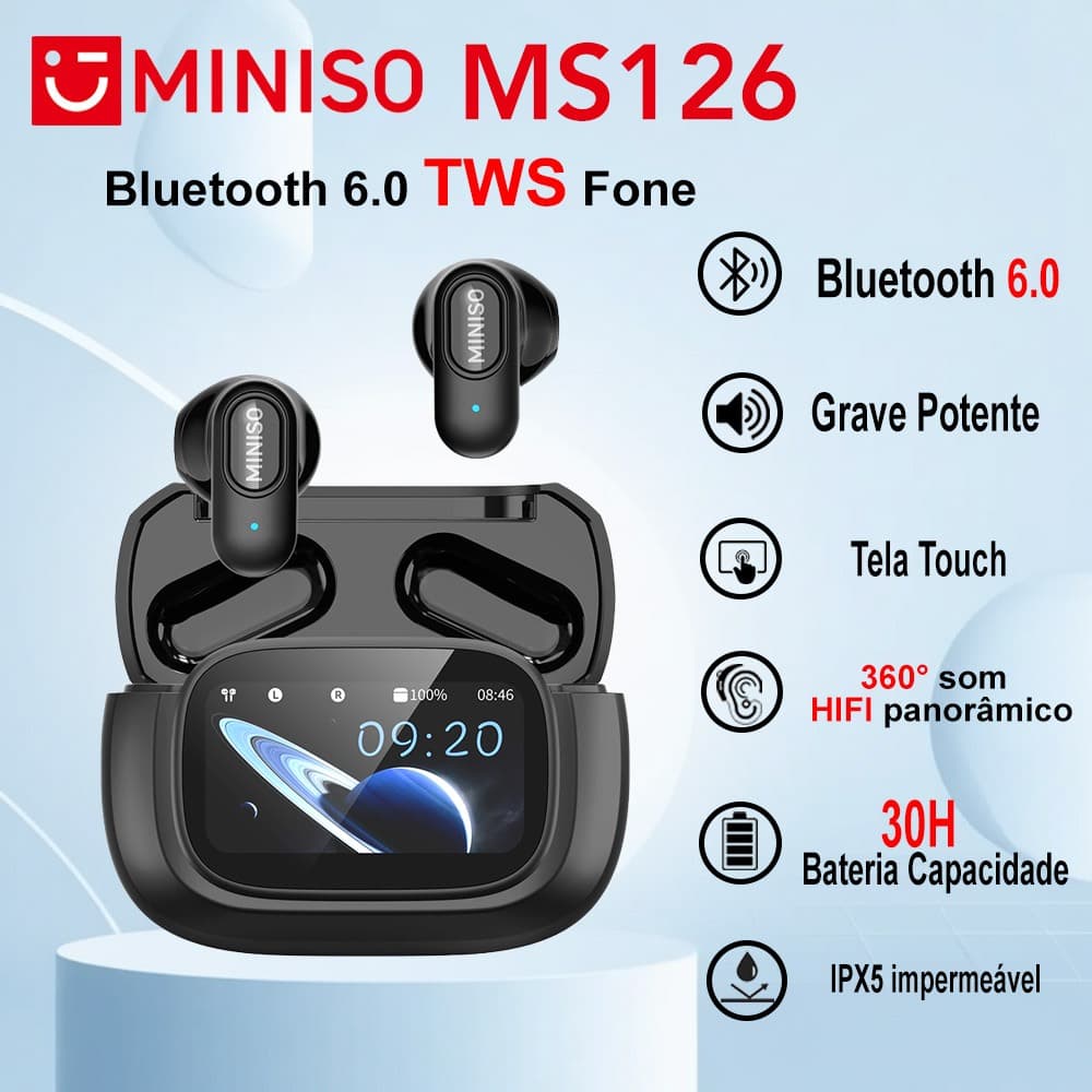 Fone De Ouvido MINISO MS126 Fone  Sem Fio TWS Bluetooth 6.0 LCD Tela Touch Super Bass Microfone