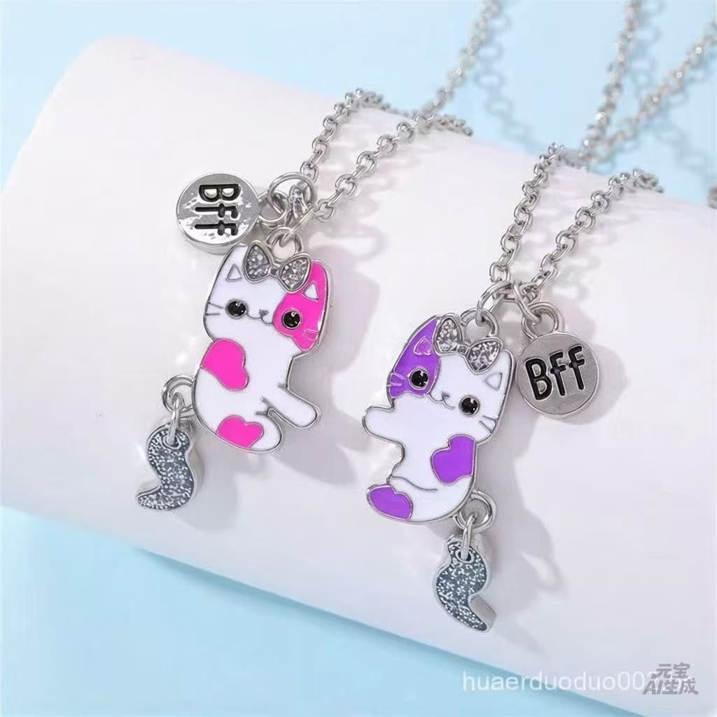 2Pcs/set Cartoon Cat Shape Pendant Chain Colar De Amigos BFF Amizade Jóias Infantis Para Meninas .