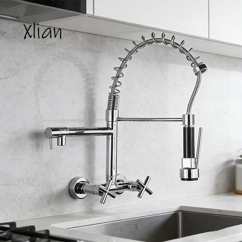 Torneira De Cozinha Gourmet Montada No Misturador De Alças Duplas Em Spray De Parede De Latão Flexível (Furos De 20 Cm)