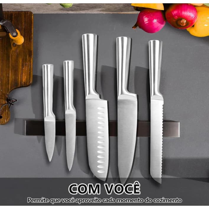 Conjunto 5 Peças Facas de Cozinha em Aço Inox, Tamanho Grande, Kit Completo para Corte de Carnes e Legumes
