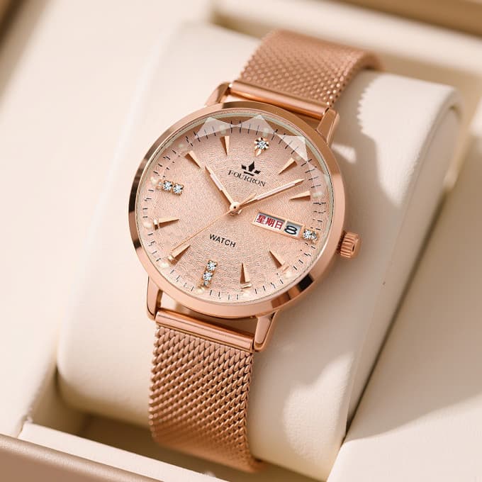 Relógio De Quartzo Elegante Feminino FOURRON , Pulseira De Malha Milanesa , Data Dupla Luminosa , À Prova D'água