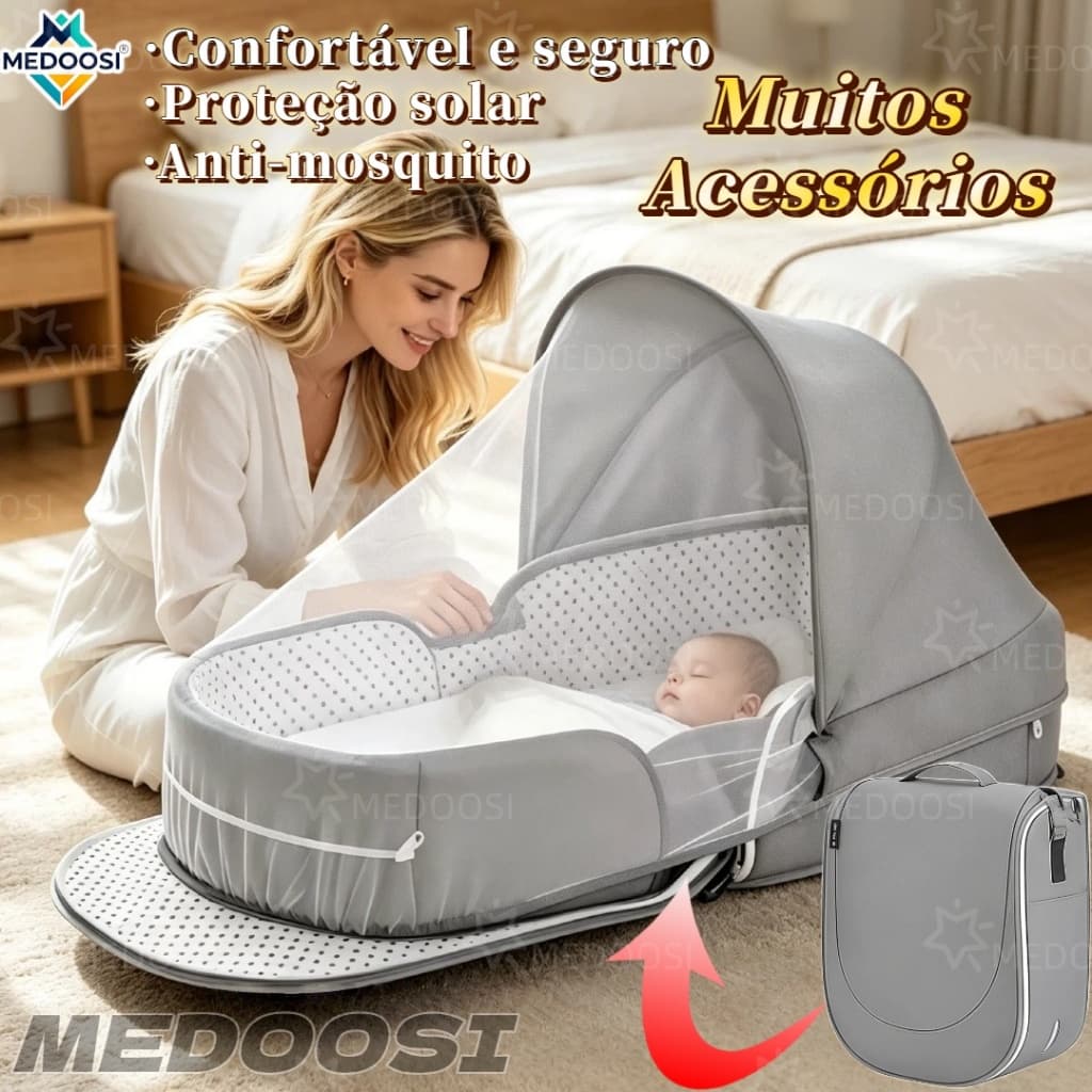 MEDOOSI Berço Portátil Bebê Co-Bed  | Com Mosquiteiro, Travesseiro, Colchão Gel e Protetor Regulável para 0-3 Anos