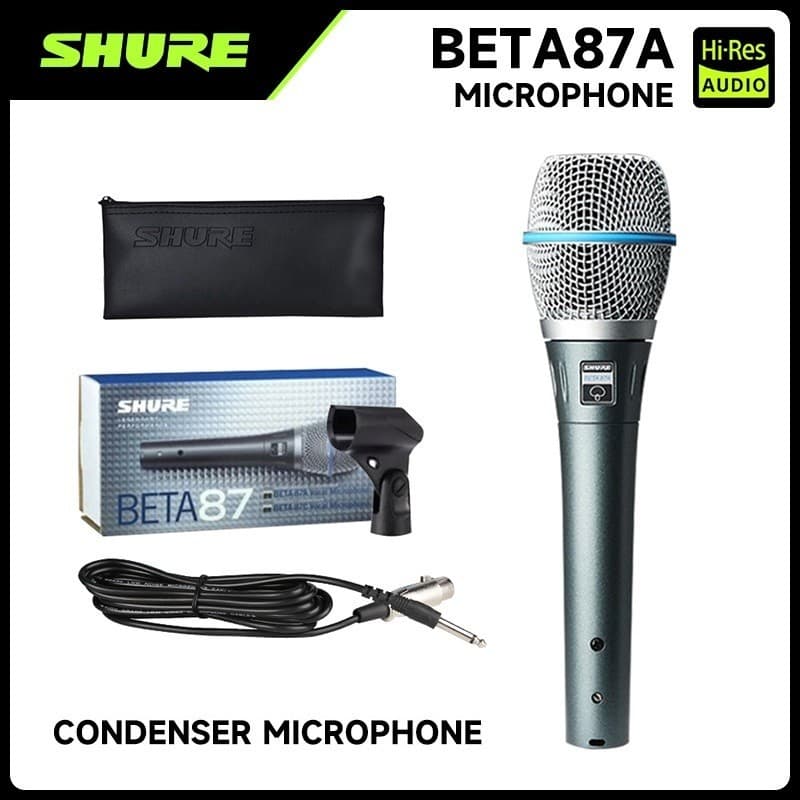 Microfone Dinâmico Cardióide Shure BETA87A Para Canto De Palco Profissional Com Fio Karaokê