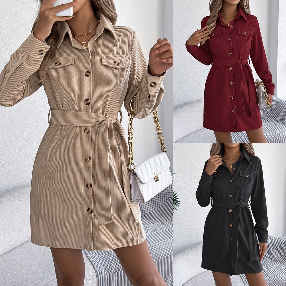 Vestido Feminino De Veludo Cotelê De Manga Comprida Com Peito Único