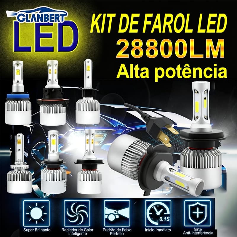 Lâmpada LED Automotiva Alta Qualidade H1 H4 H11 9005 9006 COB CREE 20000LM Kit Farol LED Luz Baixa e Alta para Carro