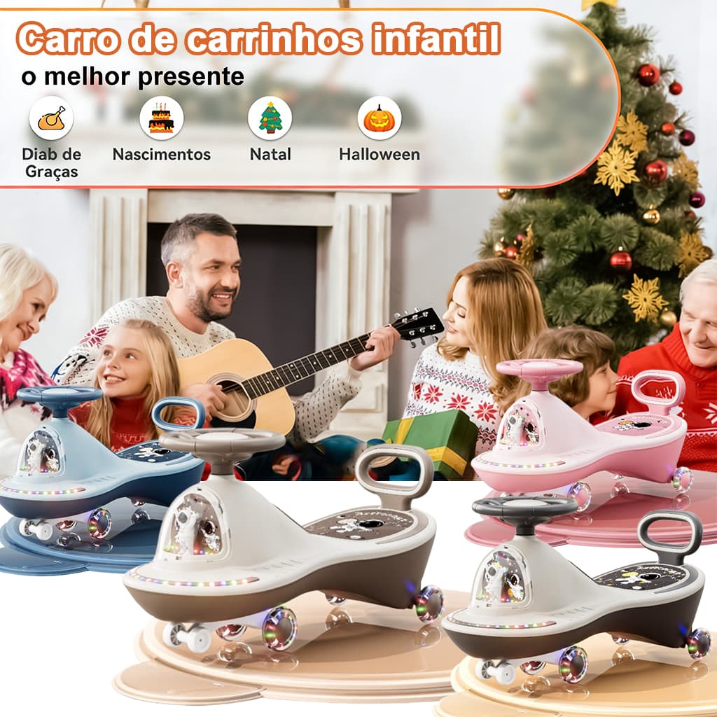 Carrinho giratório infantil com música, luzes LED e rodas silenciosas, presente ideal