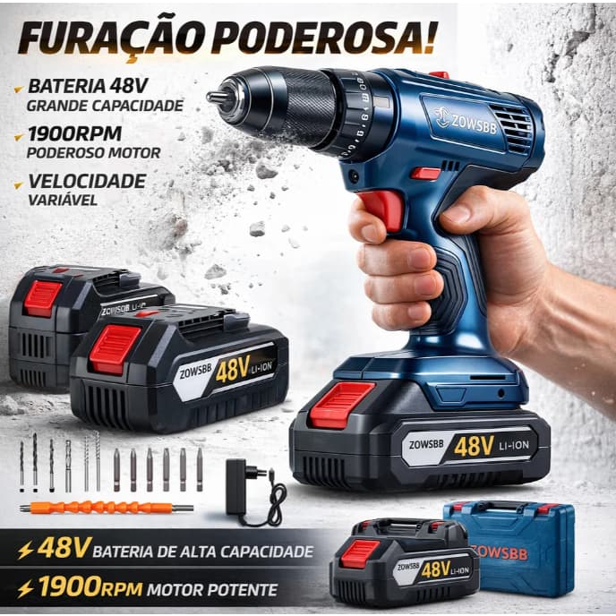 Furadeira parafusadeira de impacto profissional 1900rpm Genérica Bosch parafusadeira 48V  2 Baterias