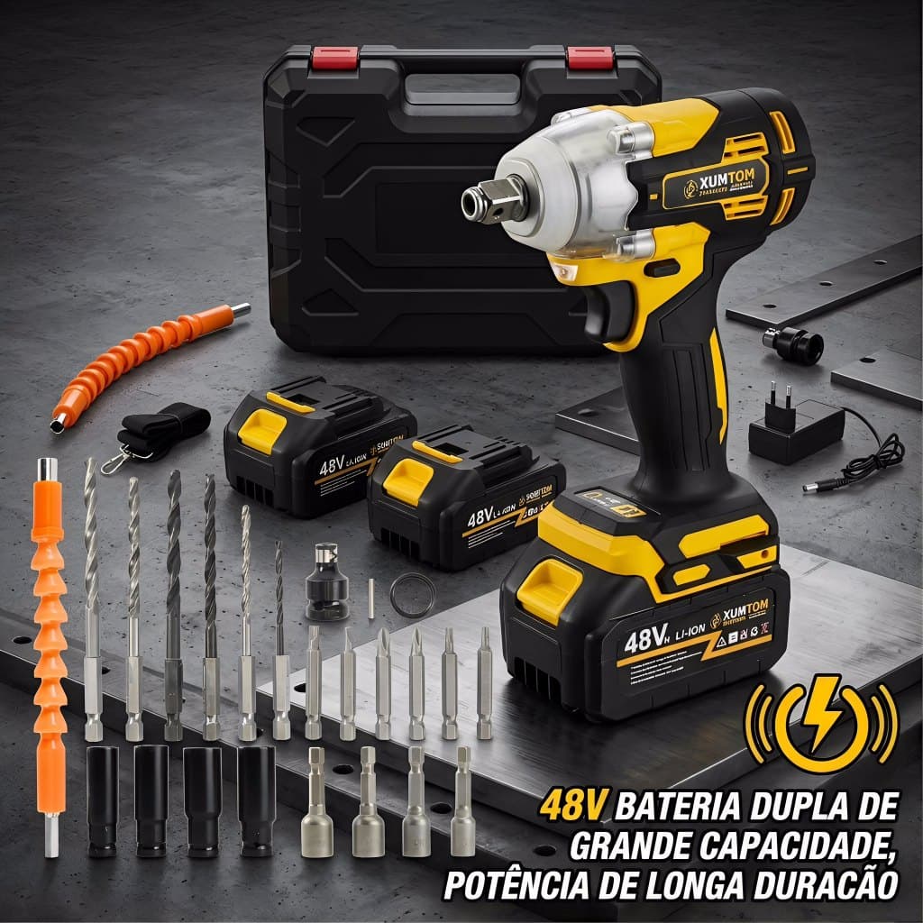 Chave De Impacto Elétrica Sem Fio 48V , Equipada Com 2 Baterias De 4000mAh , 28 Acessórios E Caixa De Ferramentas Substi