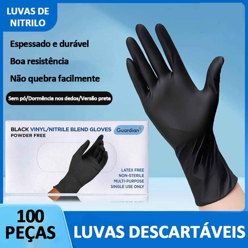 Luvas Descartáveis Pretas de Nitrilo 100 Peças Duráveis e Sem Pó