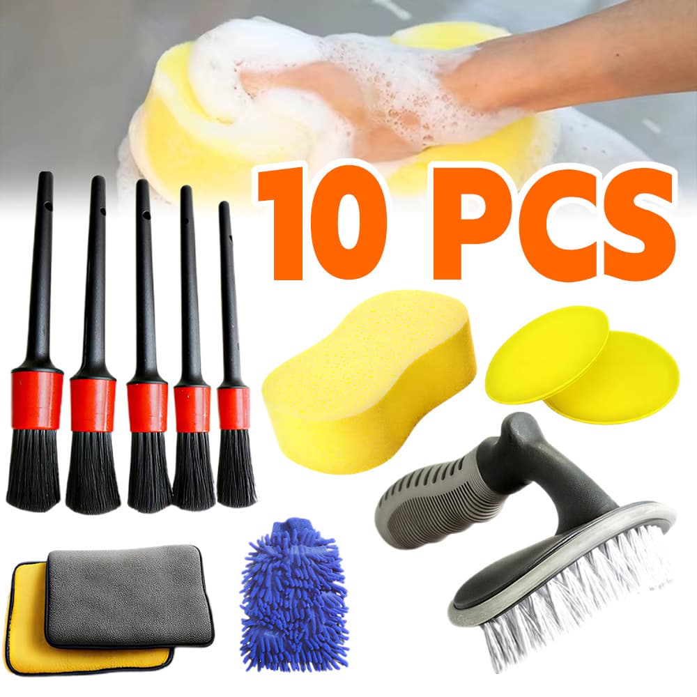 Kit 10 Peças Lavagem Automotiva Esponja + Escova de Pneu + Flanela + Aplicador de Cera + Luva Microfibra + Kit PincelKit