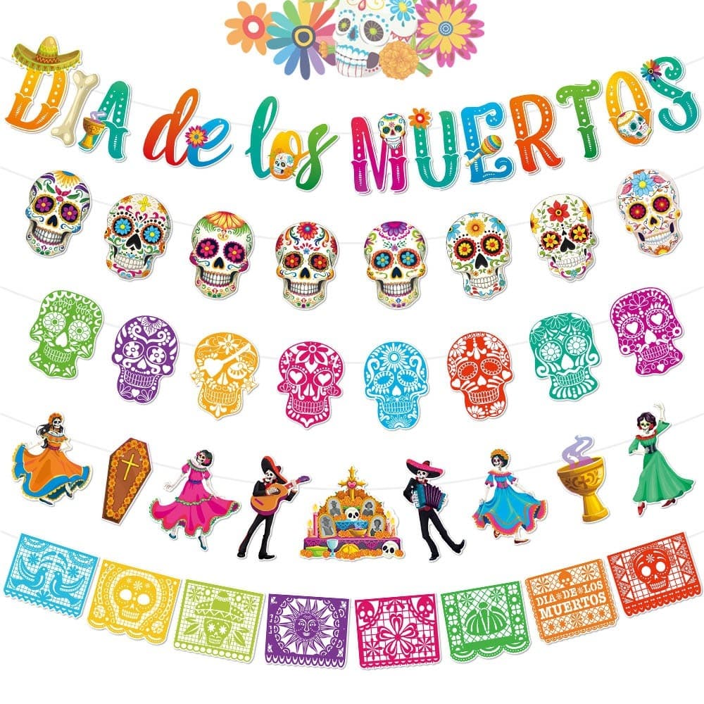Día de Muertos Papel Picado Calavera Banner Mexicano Decorações de Festa de Halloween Para Altar Ofrenda