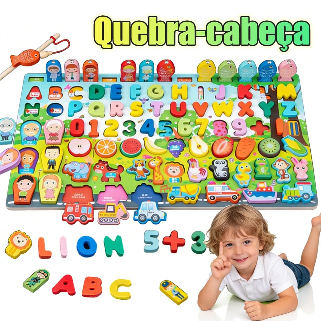 Jogo de quebra-cabeça infantil com letras e números,Placa de pesca magnética de madeira,Brinquedos educativos Montessori
