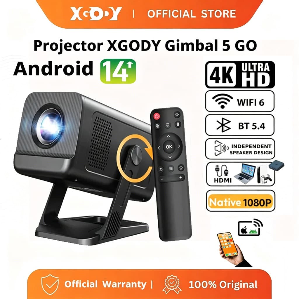 Projetor XGODY Gimbal 5 GO 500 ANSI Android 14 WiFi 6 BT 5.4 Suporta 4K/8K Full HD 1080P Portátil Giratório 180° com HDM