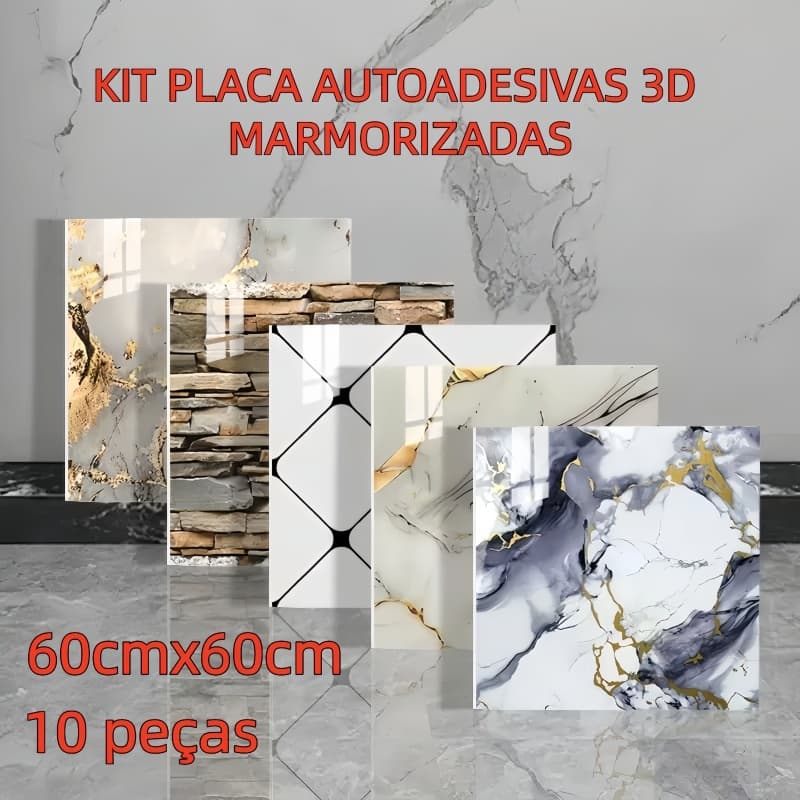 Kit 10 Placas Painel Mármore Flexível Adesivo 60x60cm À Prova D'água para Quarto Sala Cozinha Lavabo