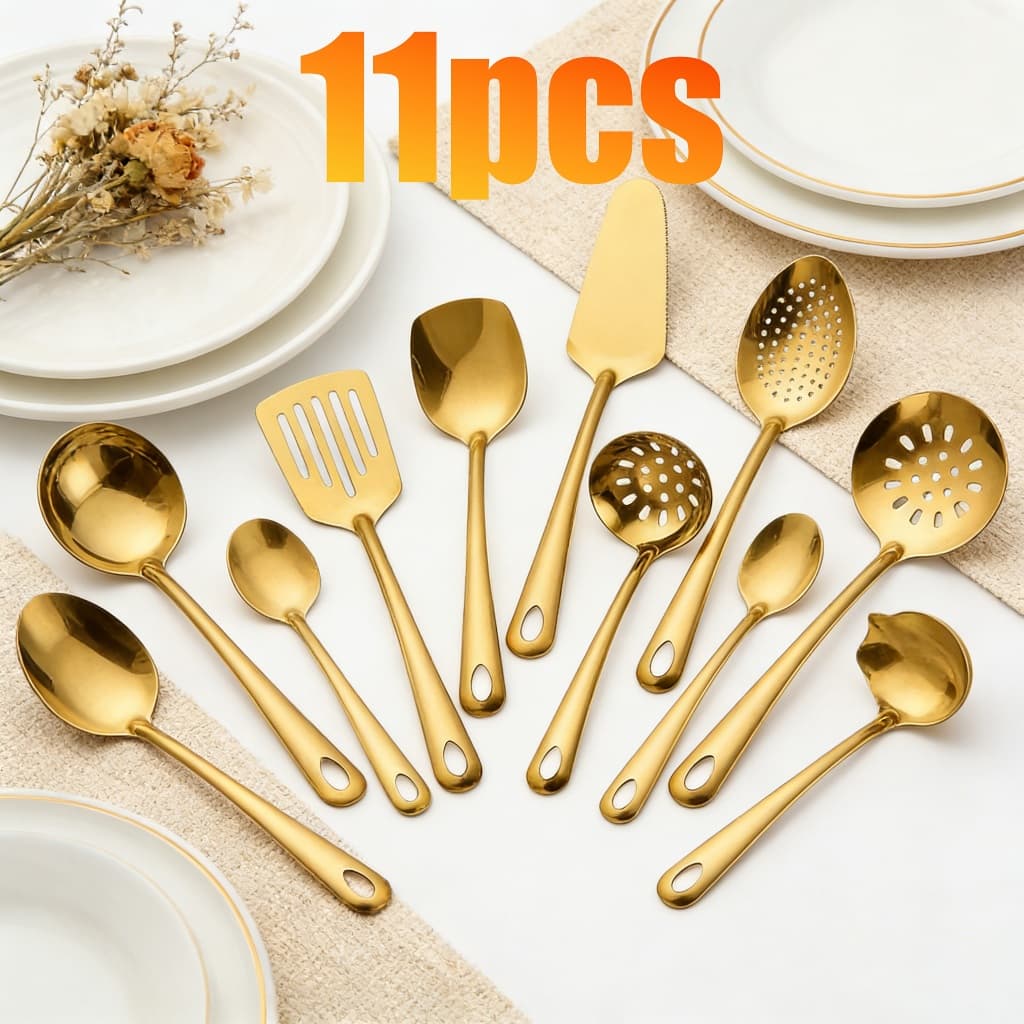 Kit 4/11 Peças Utensílios de Cozinha em Aço Inoxidável Dourado - Espátula, Colher, Concha, Escumadeira, Pegador de Pizza