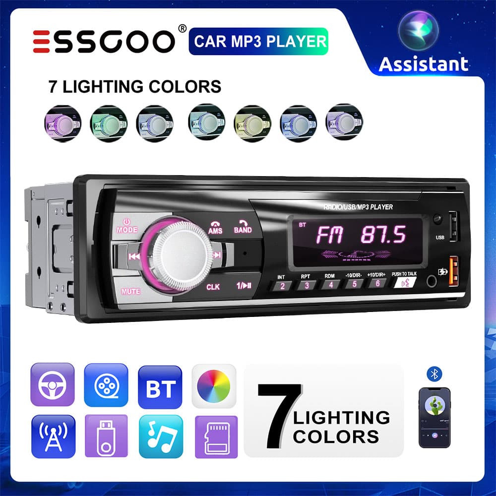 ESSGOO Rádio Para Carro 1 Din BT MP3 Player Subwoofer Música Multimídia Automático USB AUX Receptor FM