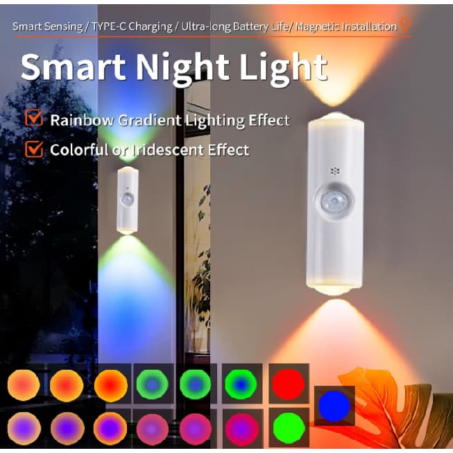 Lâmpada de parede RGB com luz gradiente colorida e luz noturna ambiente com Sensor de Movimento Branco