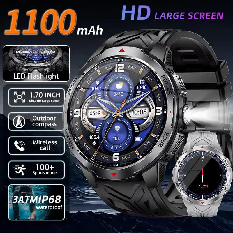 2026Nova qualidade militar ao ar livre 1000Ah SmartWatches 3ATM Nadar à prova de água BT Call 100+ Sports Men Smartwatch