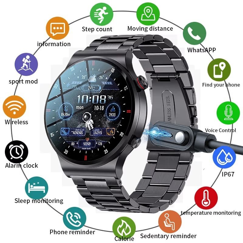 LIGE Relógio Inteligente Novos Homens De Negócios Smartwatch BT Chamada De Carregamento Sem Fio Relógios Esportes