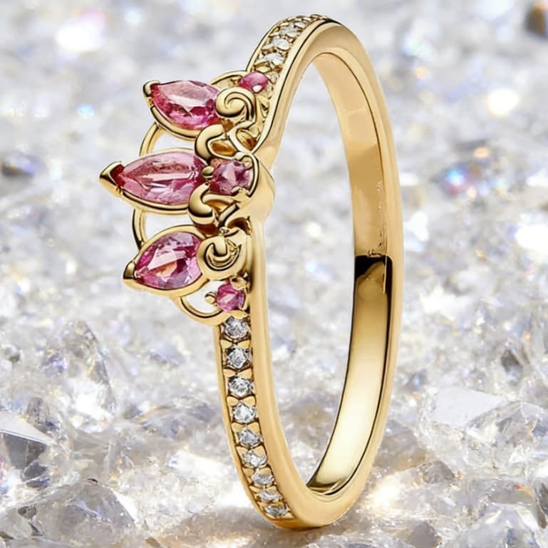 Anel de coroa de princesa com gema rosa 925, anel feminino requintado