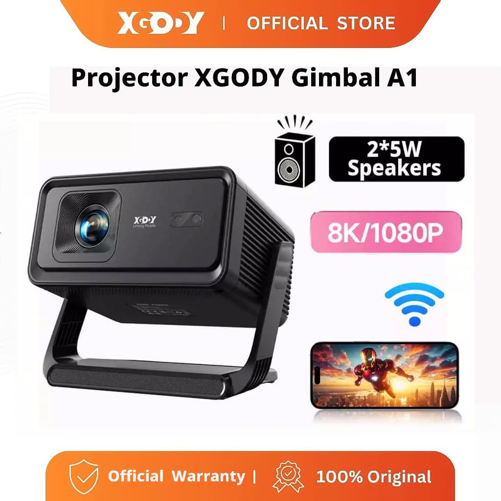 XGODY Gimbal A1 Projetor Portátil 400ANSI 1+8GB Netflix e Google TV Oficiais Foco Automático Cinema Móvel