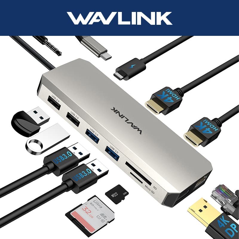 Estação De Acoplamento Para Laptop WAVLINK 12 Em 1 USB C Macbook Hub Com HDMI Duplo 4K , 4K DP , 100W PD IN , 5Gbps USB3
