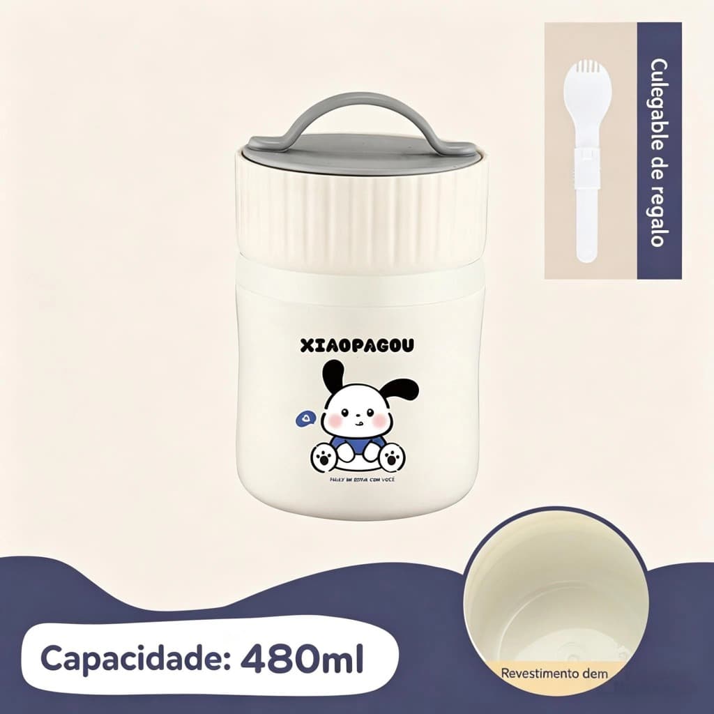 Pote Térmico 480ml com Alça, Interior em Aço Inoxidável 304 / PP, Ideal para Café da Manhã, Lanche e Marmita